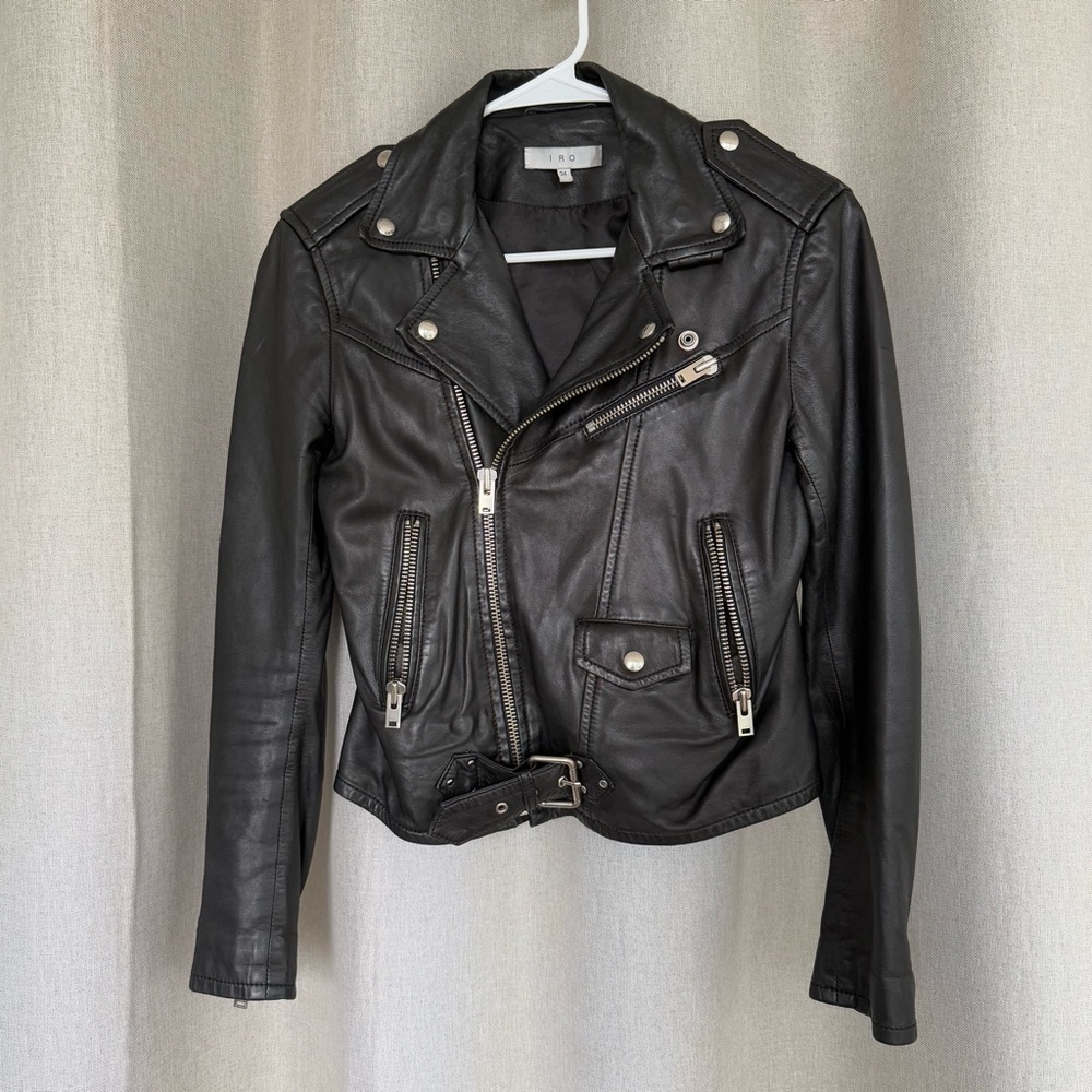 IRO Leather Black Moto Long Sleeve Jacket IT34 US XS (0-2) - Picture 2 of 13